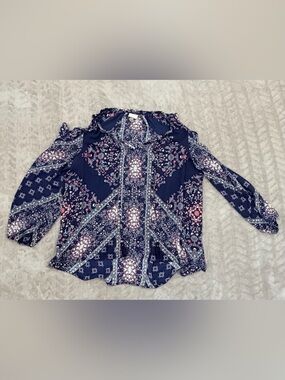 Knox Rose Navy Bohemian Floral Paisley Long-Sleeve Blouse cold‎ shoulder